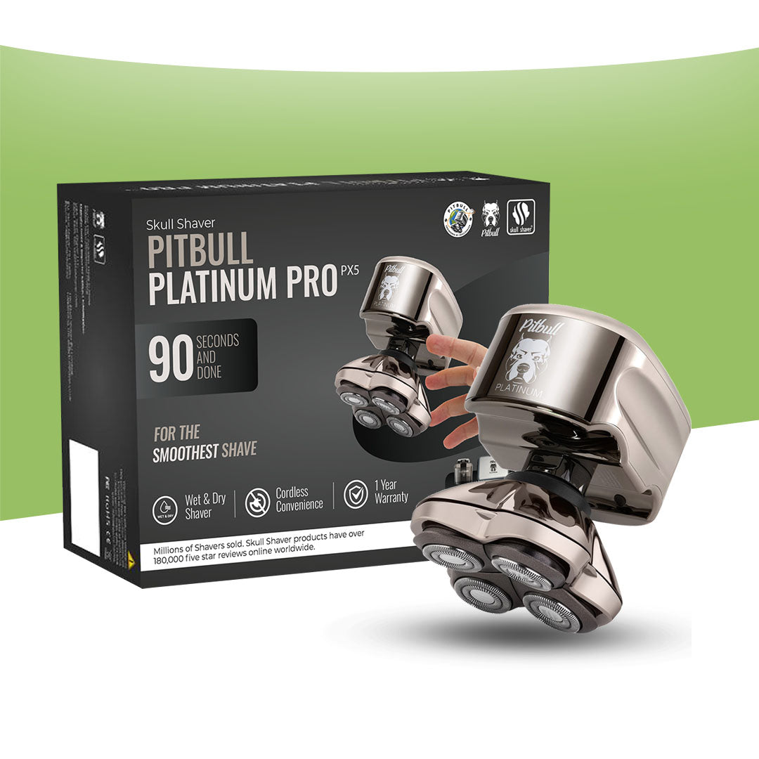 Skull Shaver Pitbull Platinum Pro PX5 box shown next to two views of the metallic silver and black rotary shaving head on a white background with a green gradient accent.