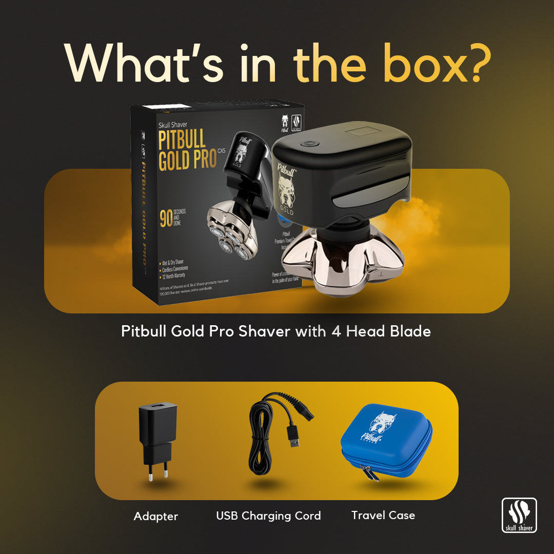 Pitbull Gold Pro GX5 shaver with four-head blade, packaging, power adapter, USB charging cable, and Pitbull travel case.