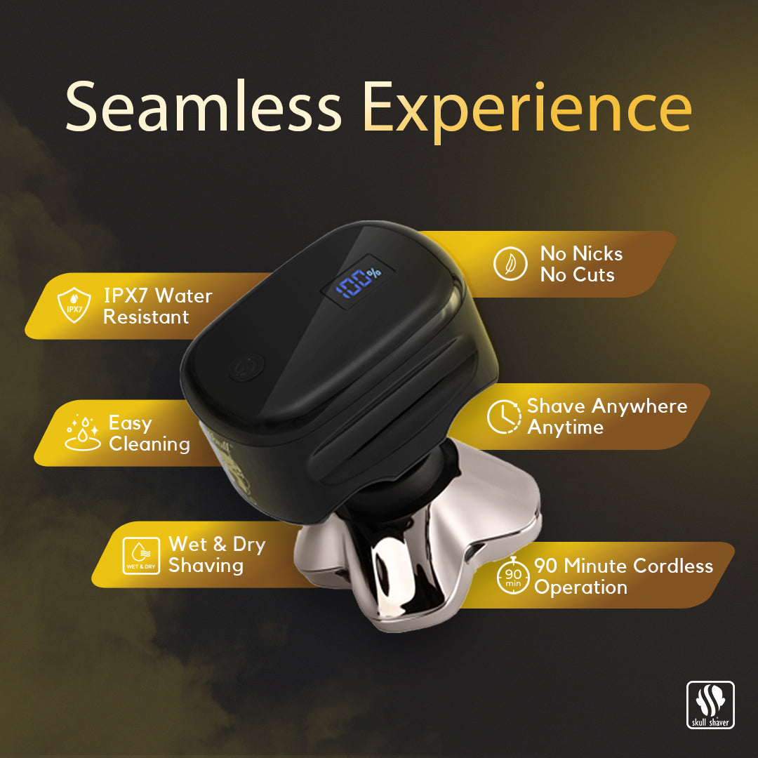 Pitbull Gold Pro GX5 foil shaver featuring IPX7 water resistance, wet and dry shaving, easy cleaning, 90-minute cordless operation, and a no-nicks, no-cuts shaving experience.