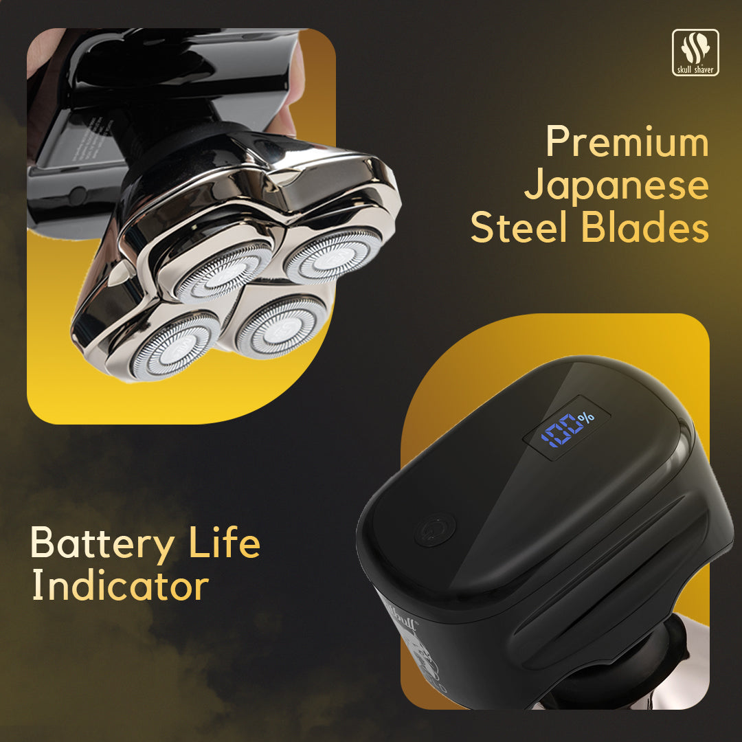 Pitbull Gold Pro GX5 shaver featuring premium Japanese steel blades and a digital battery life indicator.