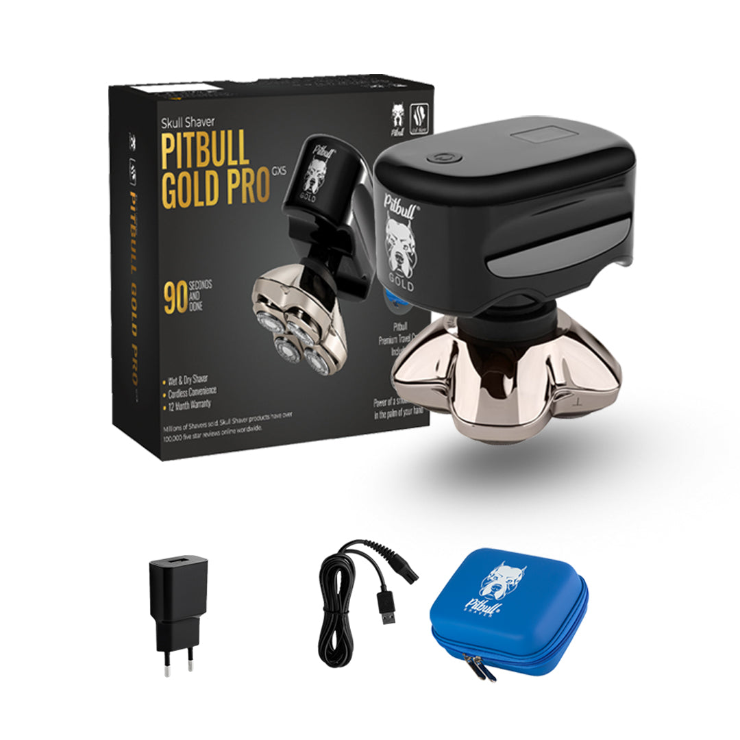 Pitbull Gold Pro GX5 electric Shaver with packaging, power adapter, cable, and Pitbull Travel case on a white background