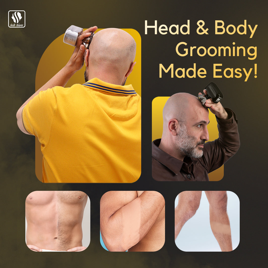 Pitbull Gold Pro GX5 shaver for head and body grooming, shown being used on the head, chest, arms, and legs.